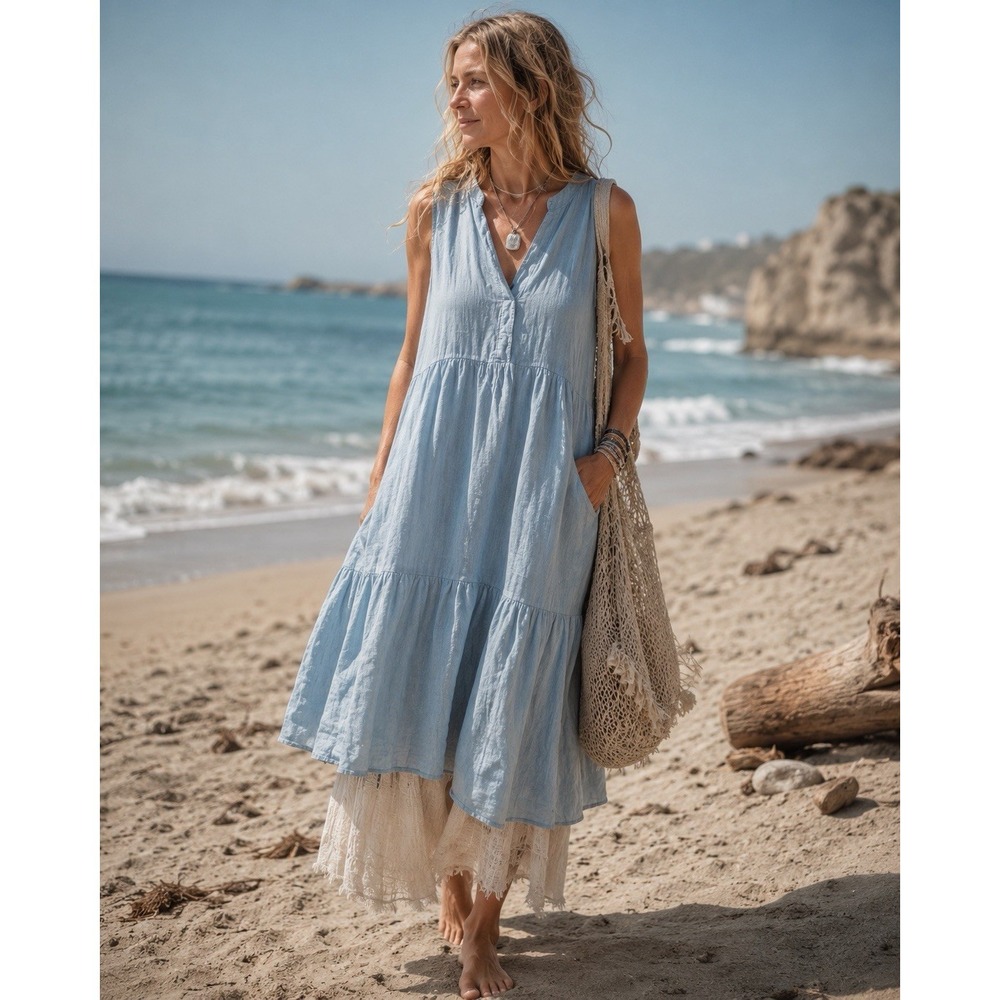Bellambia Tiered Linen Maxi Dress Womens XL Blue Coastal Resort Lagenlook Boho